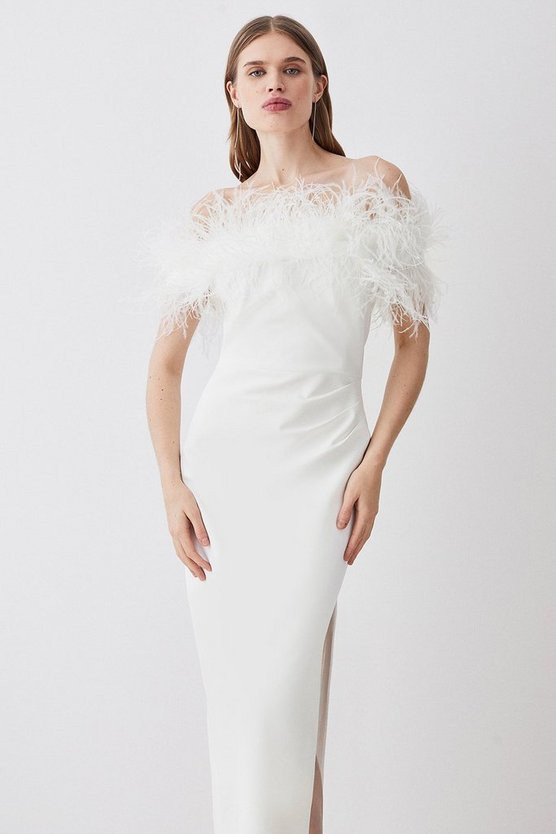 Petite Feather Off The Shoulder Stretch Crepe Maxi Dress | Karen Millen US