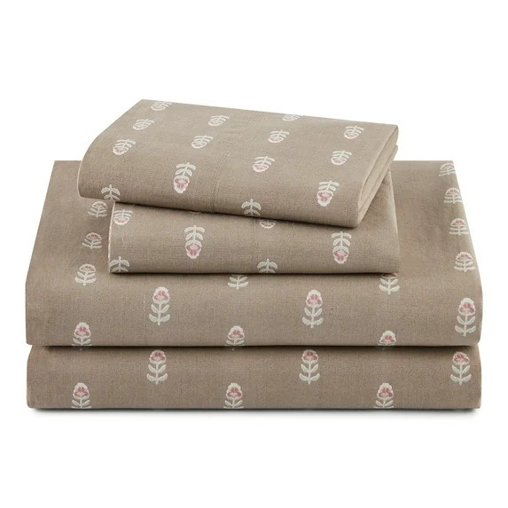 Beautiful Signature Floral 4-Piece 100% Cotton Washed Percale Fawn Sheet Set, Full by Drew Barrym... | Walmart (US)