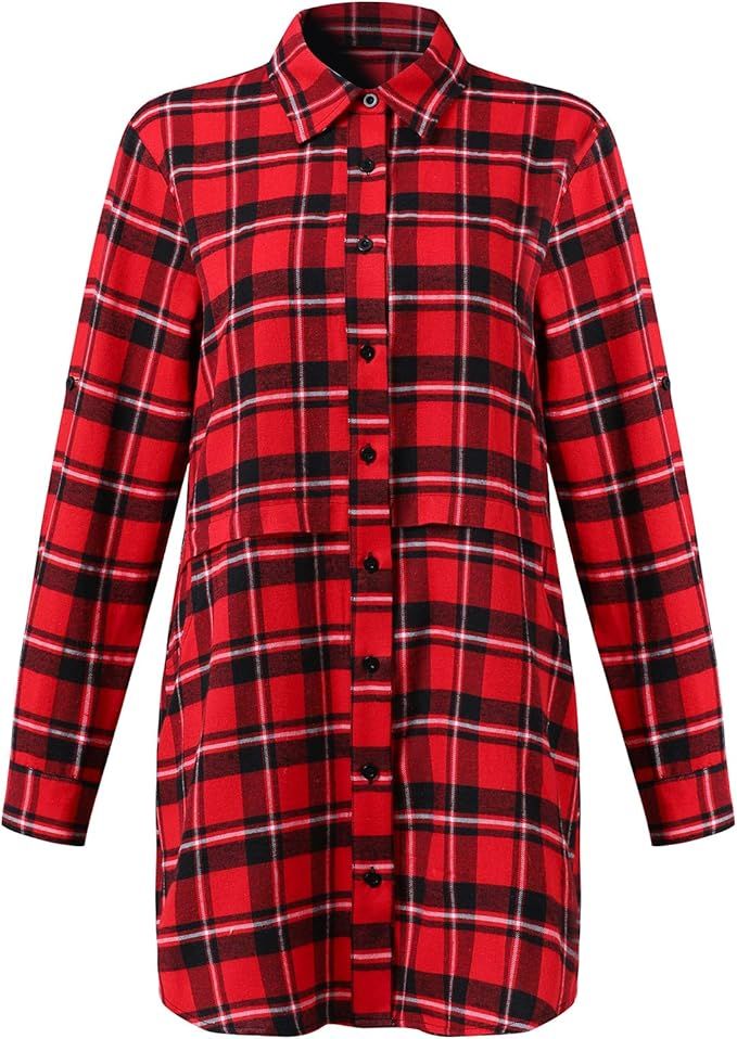 Women's Long Sleeve Collar Button up Plaid Shirt Top | Amazon (US)