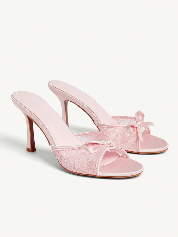 CUCCOO CHICEST Women Summer New Bowknot Embroidery Lace Round Toe Stiletto Heel Elegant Romantic Light Pink Satin High Heel Sandals, Suitable For Dress, Bridesmaid, Tea Party, Date, Fashion Party, Wedding, Vacation | SHEIN