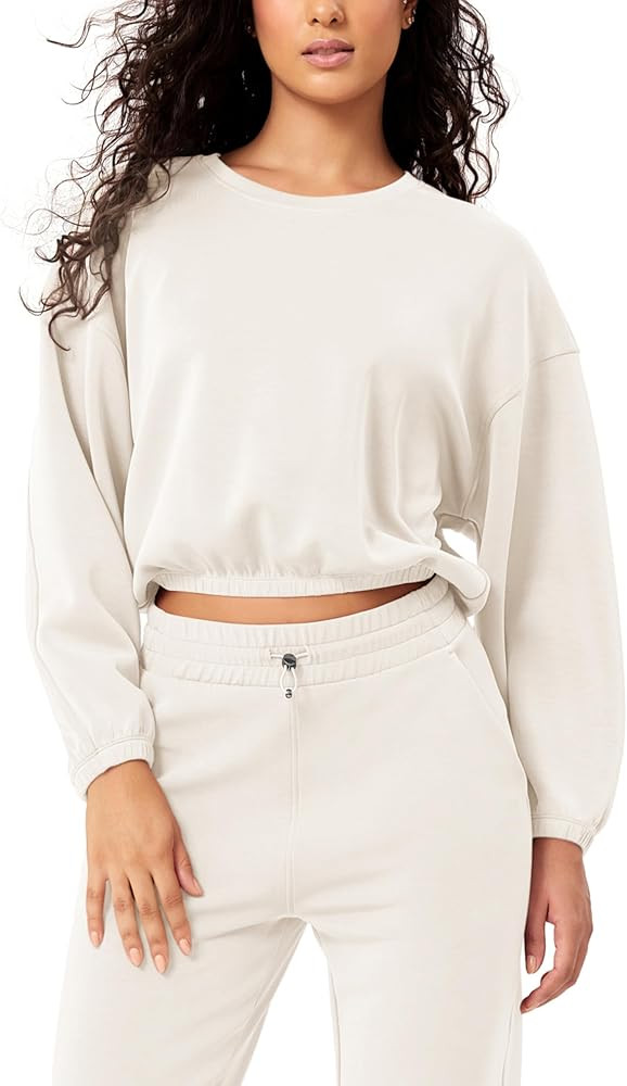 ODODOS Women's Modal Soft Gathered Cropped Sweatshirts Long Sleeve Elastic Hem Crew Neck Pullover... | Amazon (US)