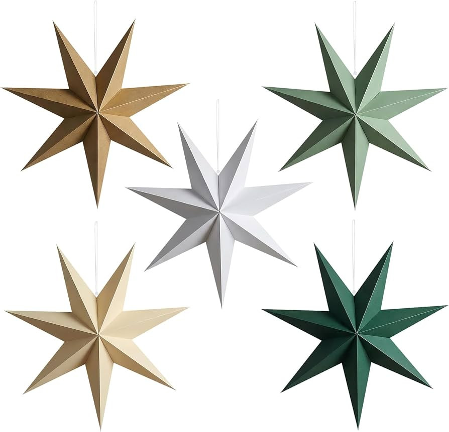 Lewondr Christmas Paper Star Lantern 5 Pack, Hanging 7-Pointed Star Lampshade Decoration, Window ... | Amazon (US)