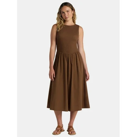 Time And Tru Women s Smocked Woven Midi Dress Sizes XS-3XL | Walmart (US)
