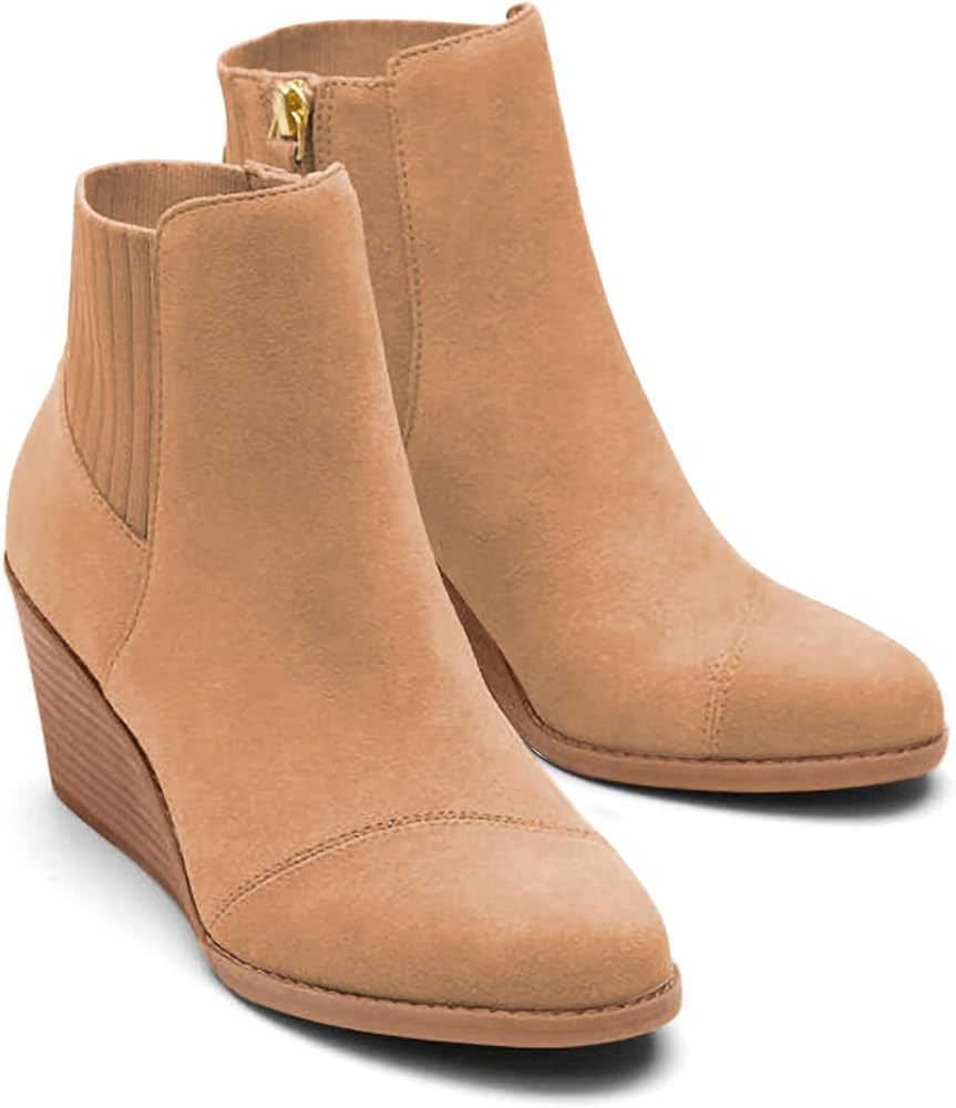 Womens Wedge Ankle Booties Round Toe Mid Stacked Heel Elastic Panel Suede Side Zip Comfortable Fa... | Amazon (US)