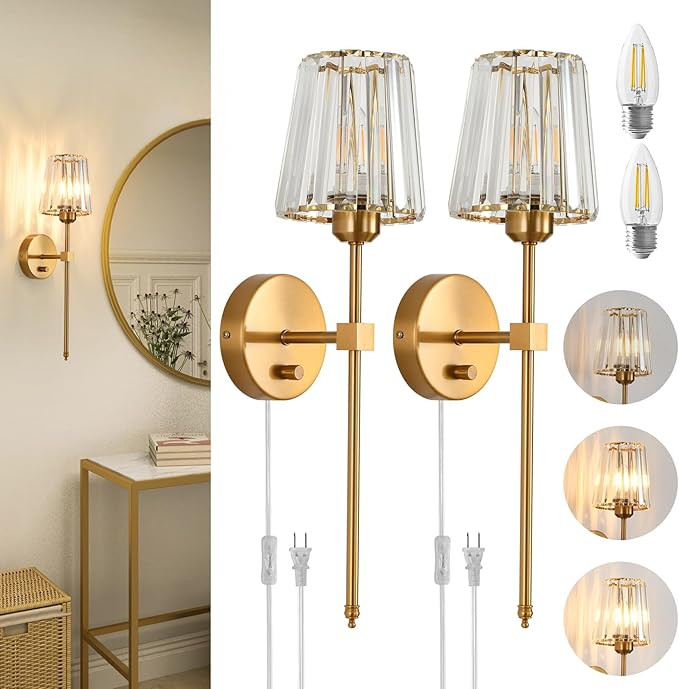 Crystal Wall Sconces Set of 2, Dimmable Wall Sconce with Plug in Cord and Dimmer Gold Plug in Wal... | Amazon (US)