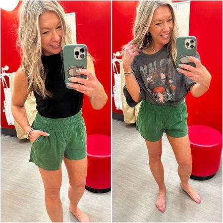 Green cord pull on shorts from Target giving high-end boutique vibes, available in other colors, shown with a muscle tee/tank and Mohave graphic tee. Small shorts, tank and medium (very oversized) graphic. 

#LTKSeasonal #LTKFestival #LTKunder50
