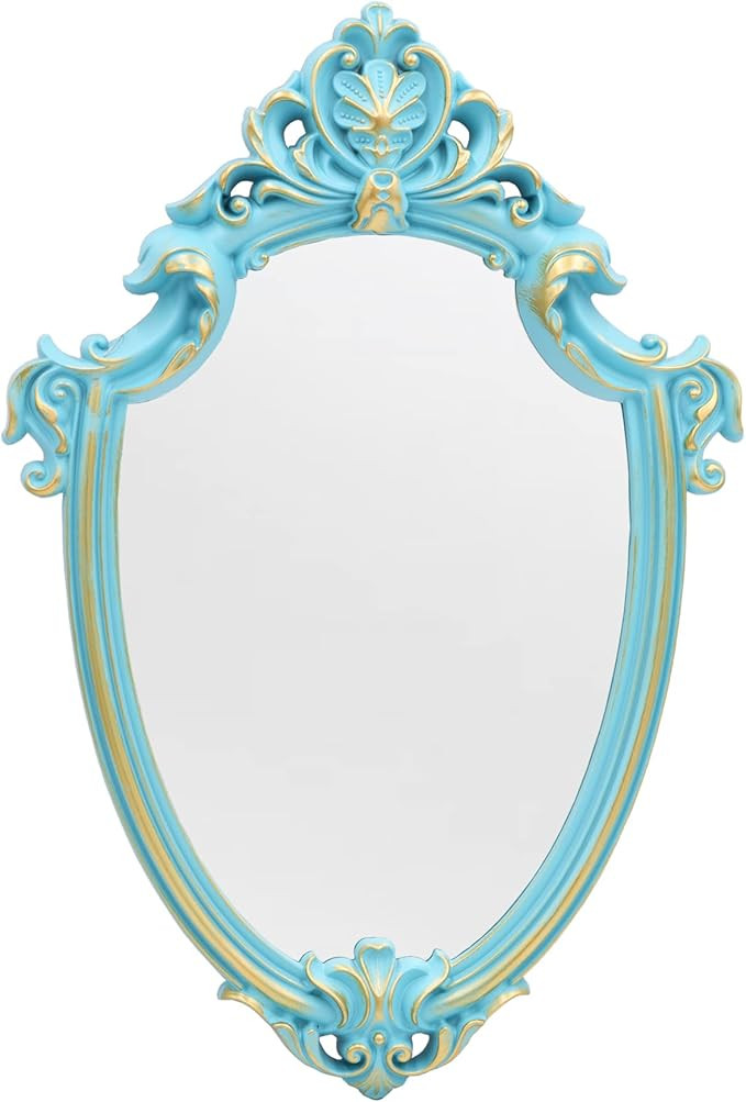 Eaoundm 16.5 x 11 inch Vintage Mirror Antique Mirror Decorative Wall Mirror Shield Shape (Blue) | Amazon (US)
