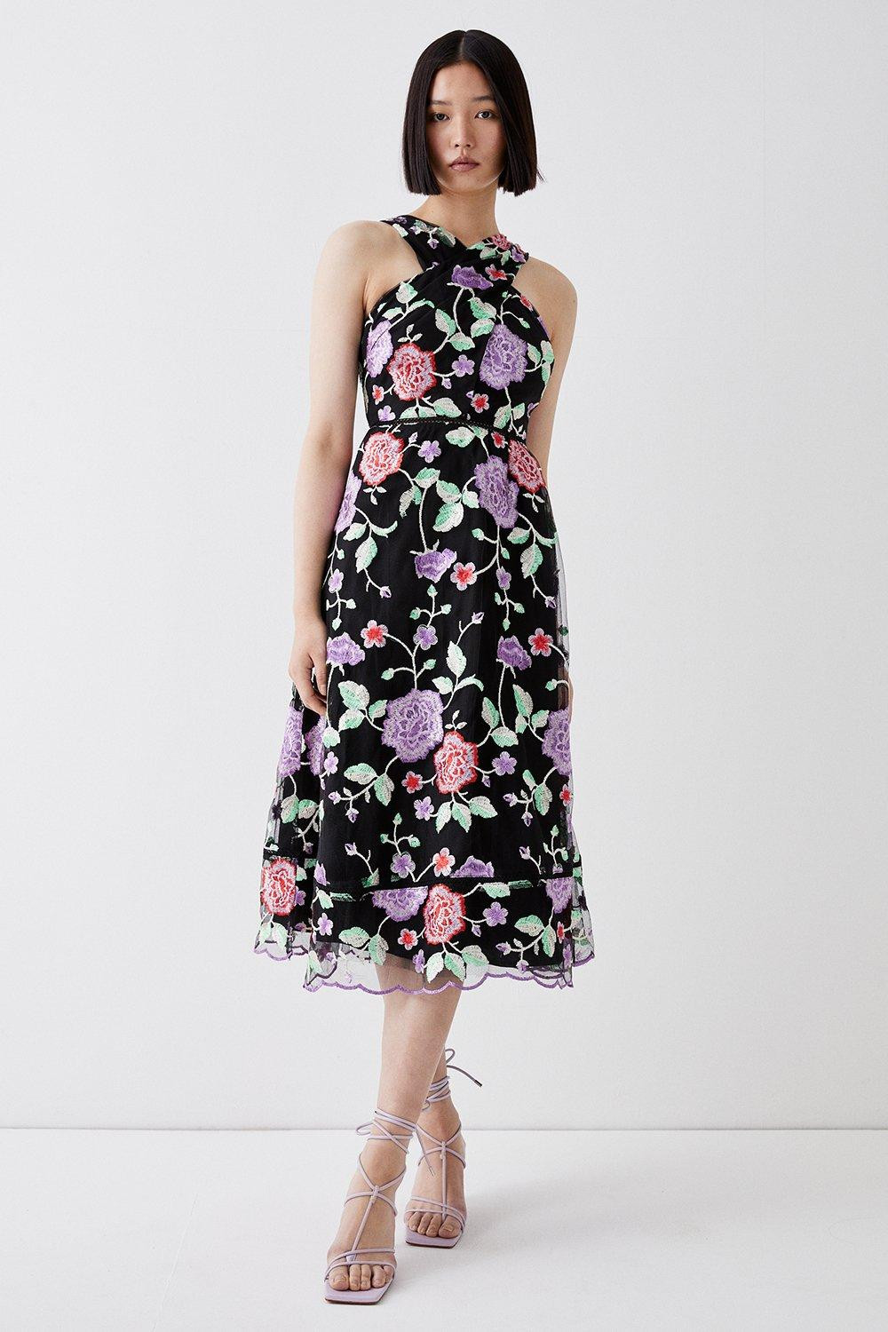 Cross Neck Embroidered Mesh Midi Dress | Coast UK & IE