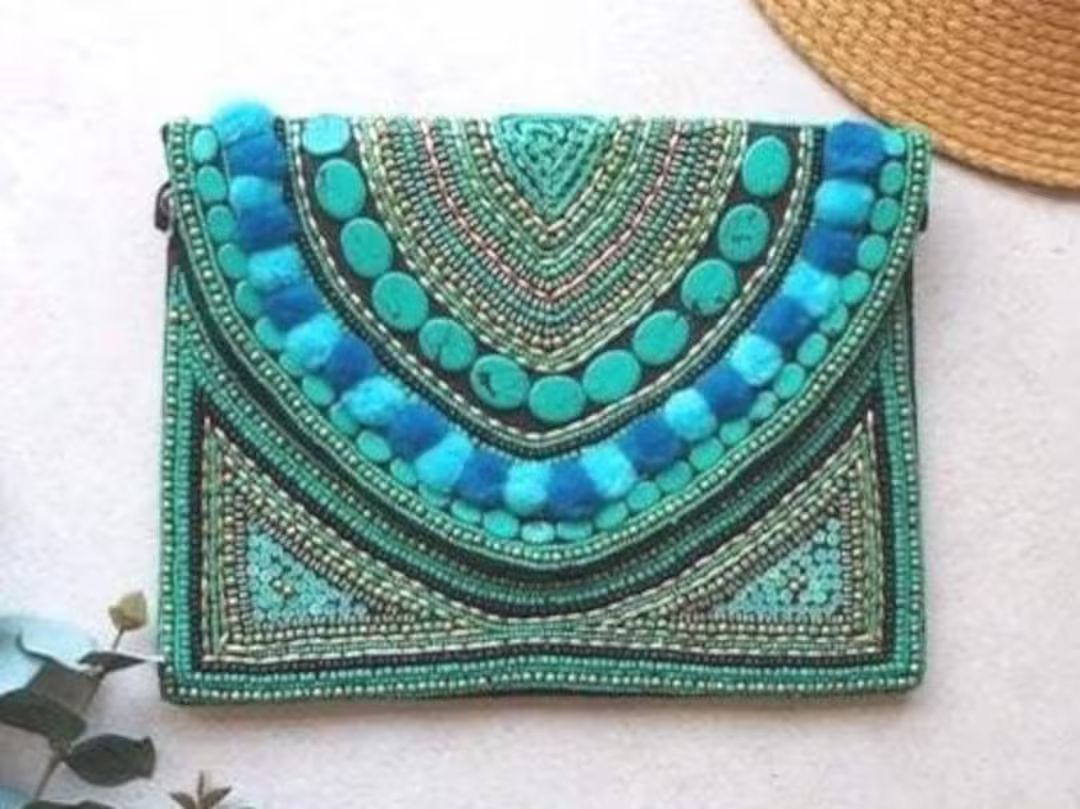 Aqua Pompom Beaded Clutch Bag Boho Beaded Bag Turquoise Beaded Evening Bag Banjara Bags Banjara C... | Etsy (US)