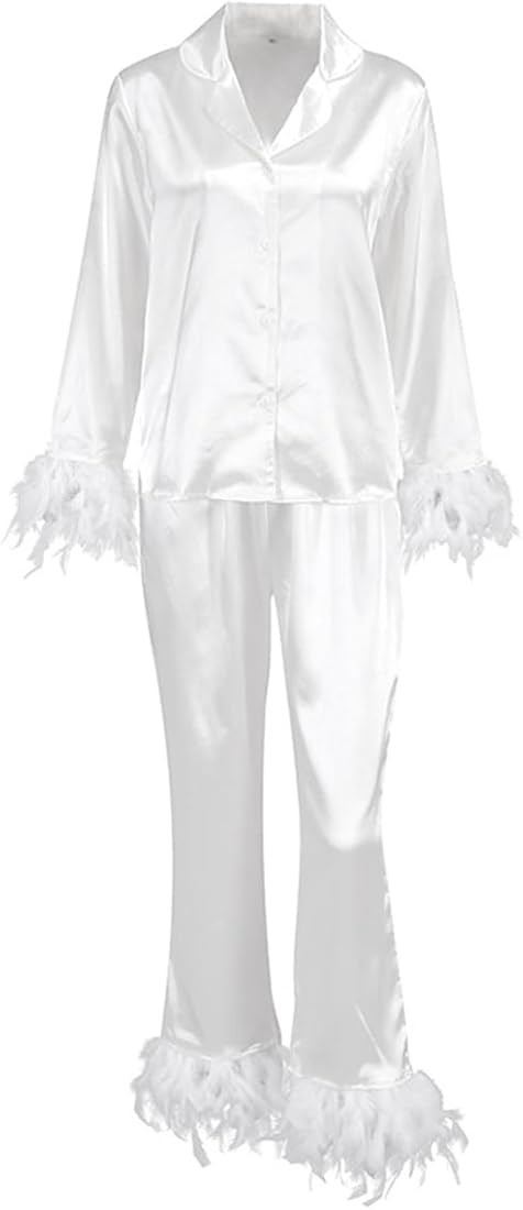 VALITY Women's Pajama Set Feather Trim Lounge Sets Satin Silk Pj Set Long Sleeve Loungewear Sleep... | Amazon (US)