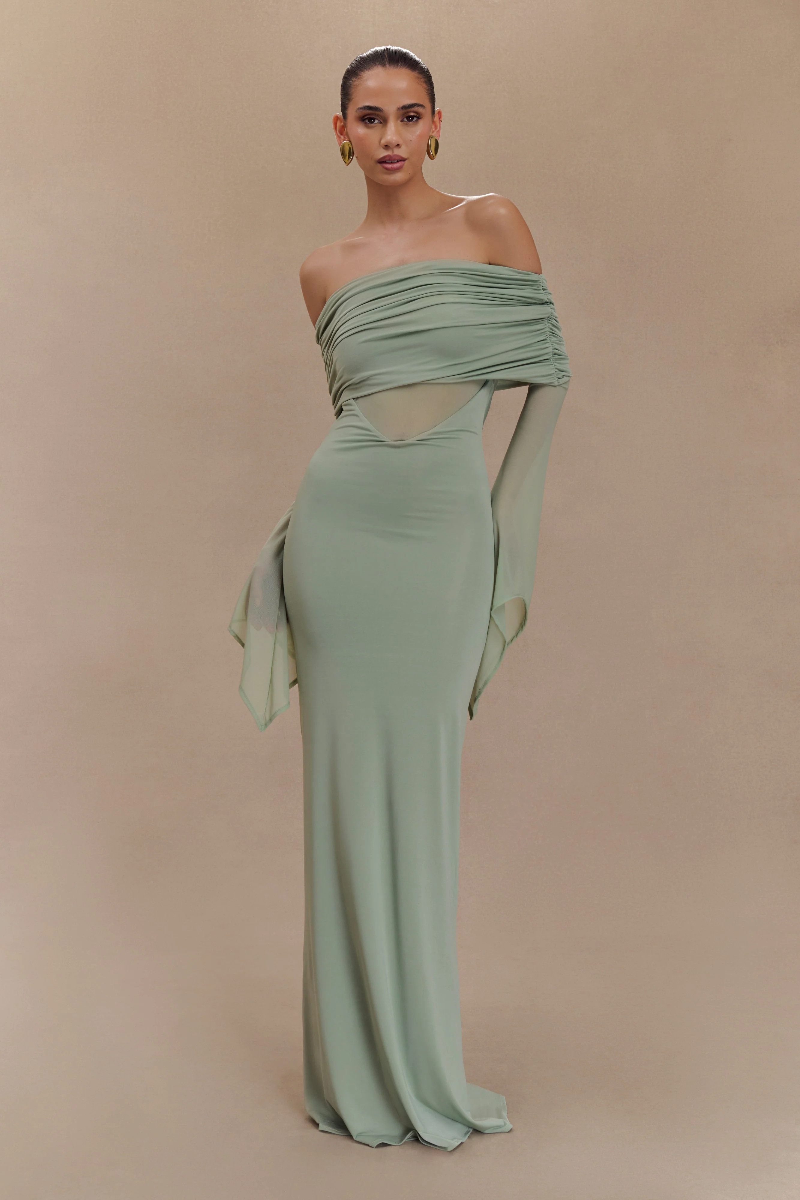 Kaitlin One Shoulder Slinky And Mesh Maxi Dress - Basil | MESHKI US