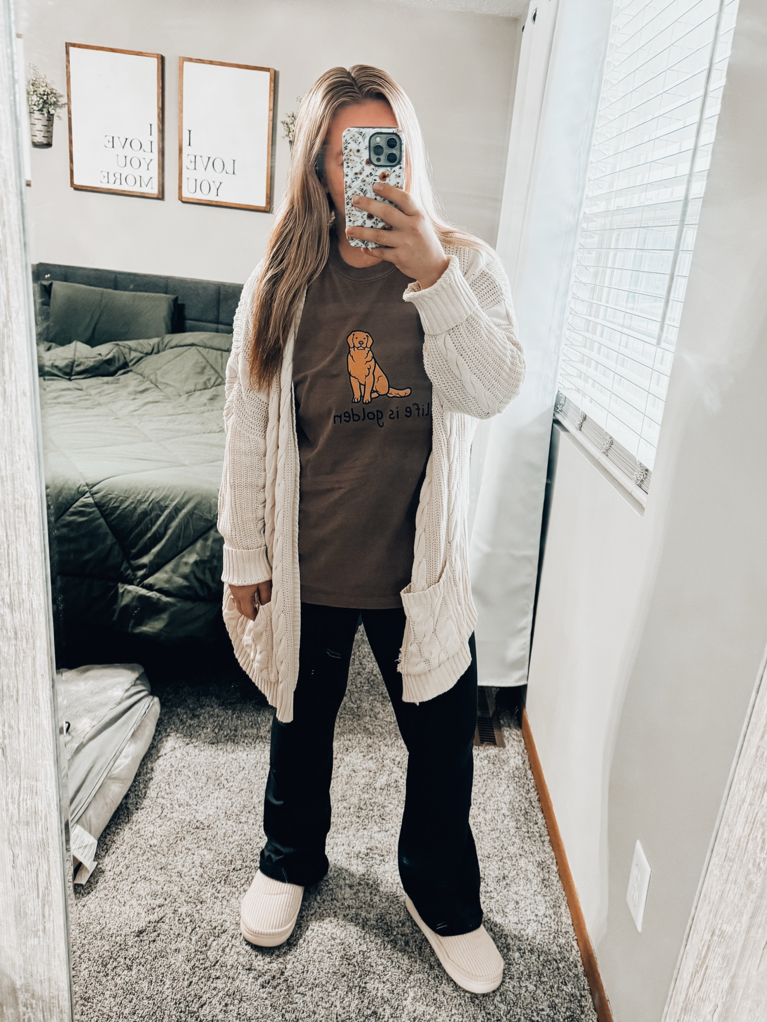 Golden retriever mom outfit - espresso comfort colors graphic tee - life is golden dog graphic tee - cable knit cardigan - high rise flare leggings and soft/cushy house slippers for lounging 

#LTKFindsUnder50 #LTKMidsize #LTKFindsUnder100