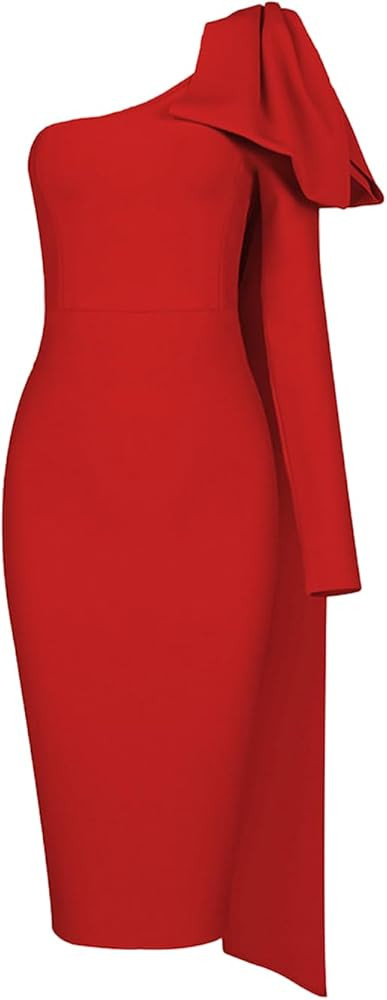 One Shoulder Bowknot Long Sleeve Zipper Dresses for Women Bodycon Knee Length Midi Party Bandage ... | Amazon (US)
