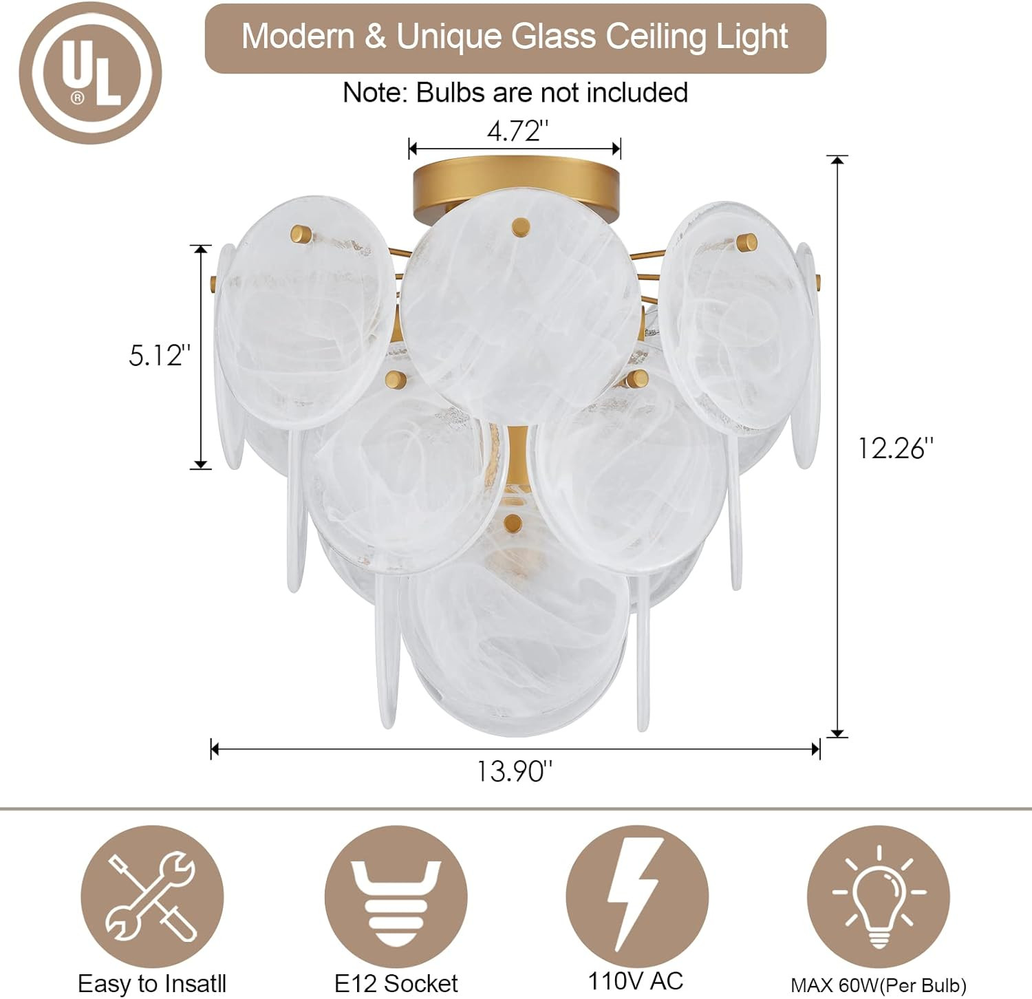 Modern Flush Mount Glass Ceiling Light, Gold Hallway Lights Vintage Chandelier, 4-Light Unique Li... | Amazon (US)