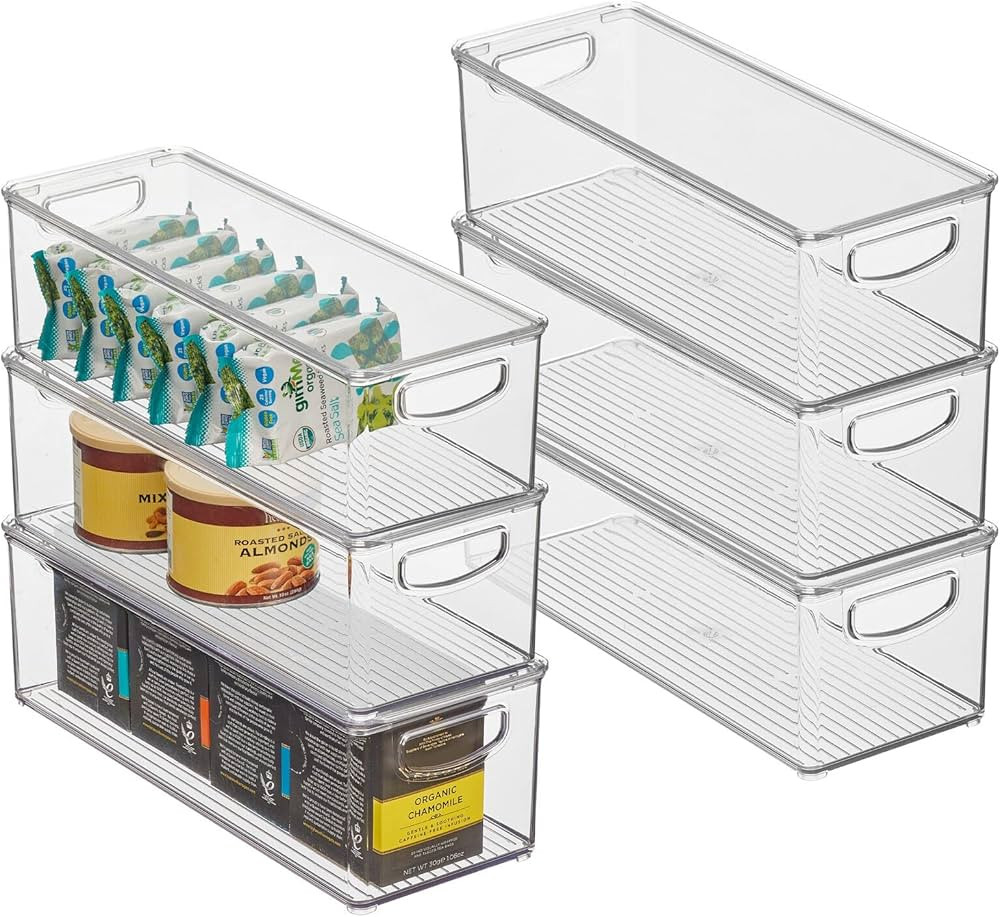 mDesign Slim Plastic Storage Bin Box Container with Lid and Built-In Handles - Organization for F... | Amazon (US)