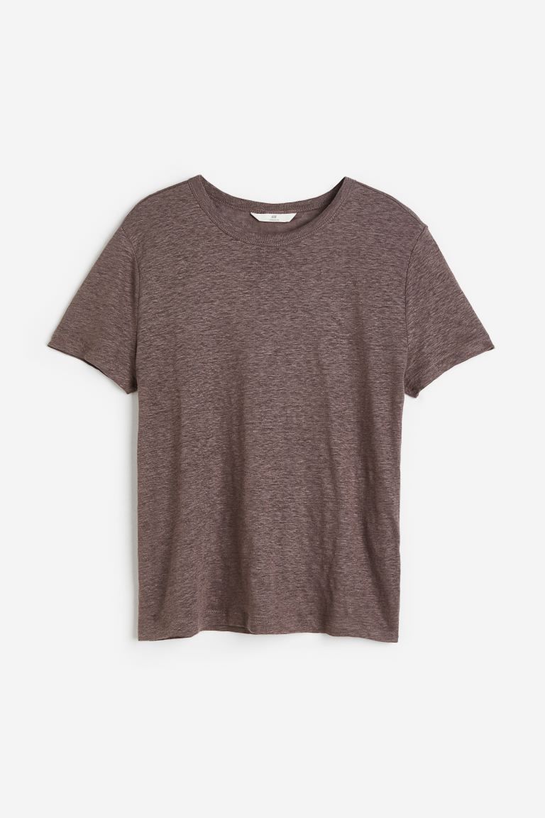 Linen T-shirt - Round neck - Short sleeve - Brown marl - Ladies | H&M GB | H&M (UK, MY, IN, SG, PH, TW, HK)