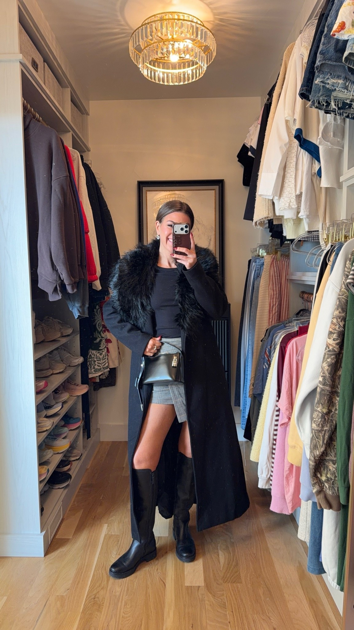 old navy mini wrap skirt for $28 with online discount styled with black long wool-style coat with a faux fur collar, worn over a black ribbed long-sleeve top, and black knee-high lug-sole boots 🫶🏻

Sizing: i'm 5'4" and typically wear a small/2
xs petite skirt  

vici: emerson35
Revolve code: tulip

Fall transitional, Fall event, Workwear, wrap skirt, Chunky sweater, Mesh top, oversized sweatshirt, faux fur jacket, black boots, suede boots, leather boots, brown boots