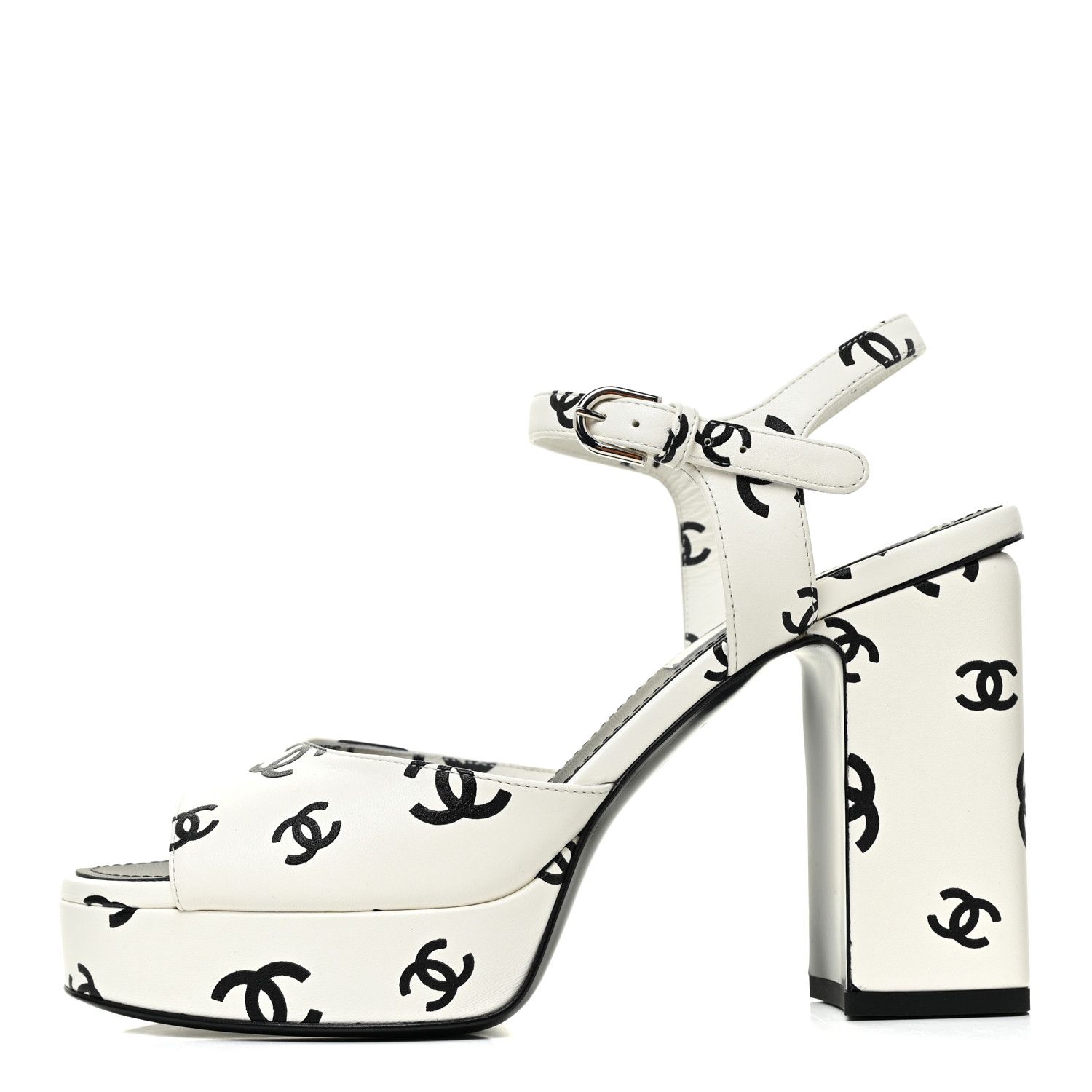 CHANEL Printed Lambskin CC Sandals 38 White Black | FASHIONPHILE | Fashionphile