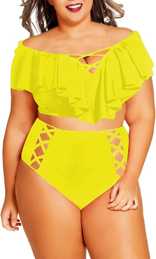 Kisscynest Women's Plus Size Swimwear 2 Piece High Waisted Swimsuit Ruffle Bikini | Amazon (US)