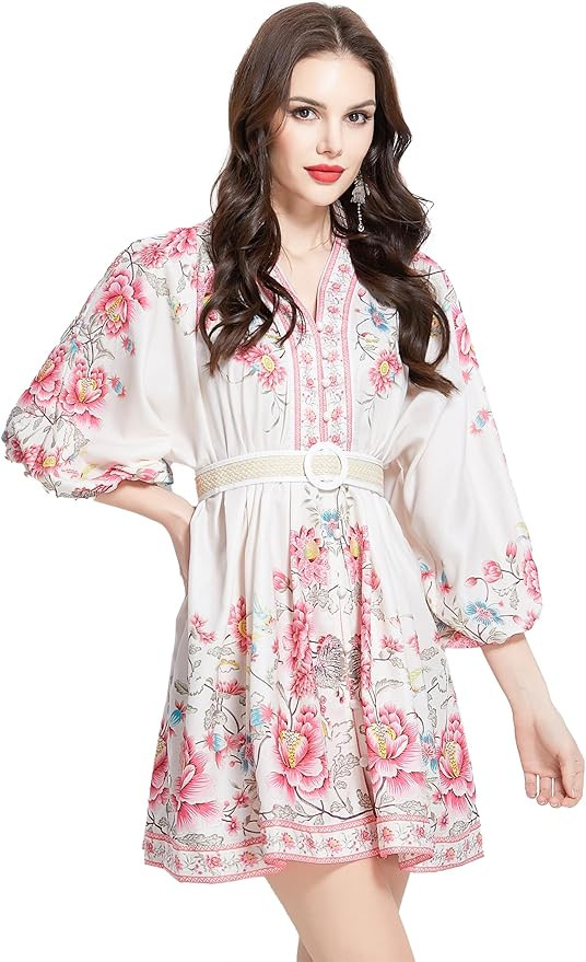 LAI MENG FIVE CATS Women's V-Neck Floral Print Lantern Sleeve Button up Belt Dress Casual Mini Dr... | Amazon (US)