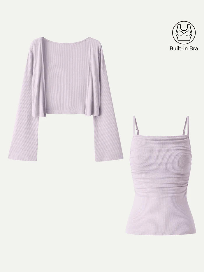 2Pcs Set Bell Sleeve Cardigan & Adjustable Spaghetti Bra Tank | OGLmove