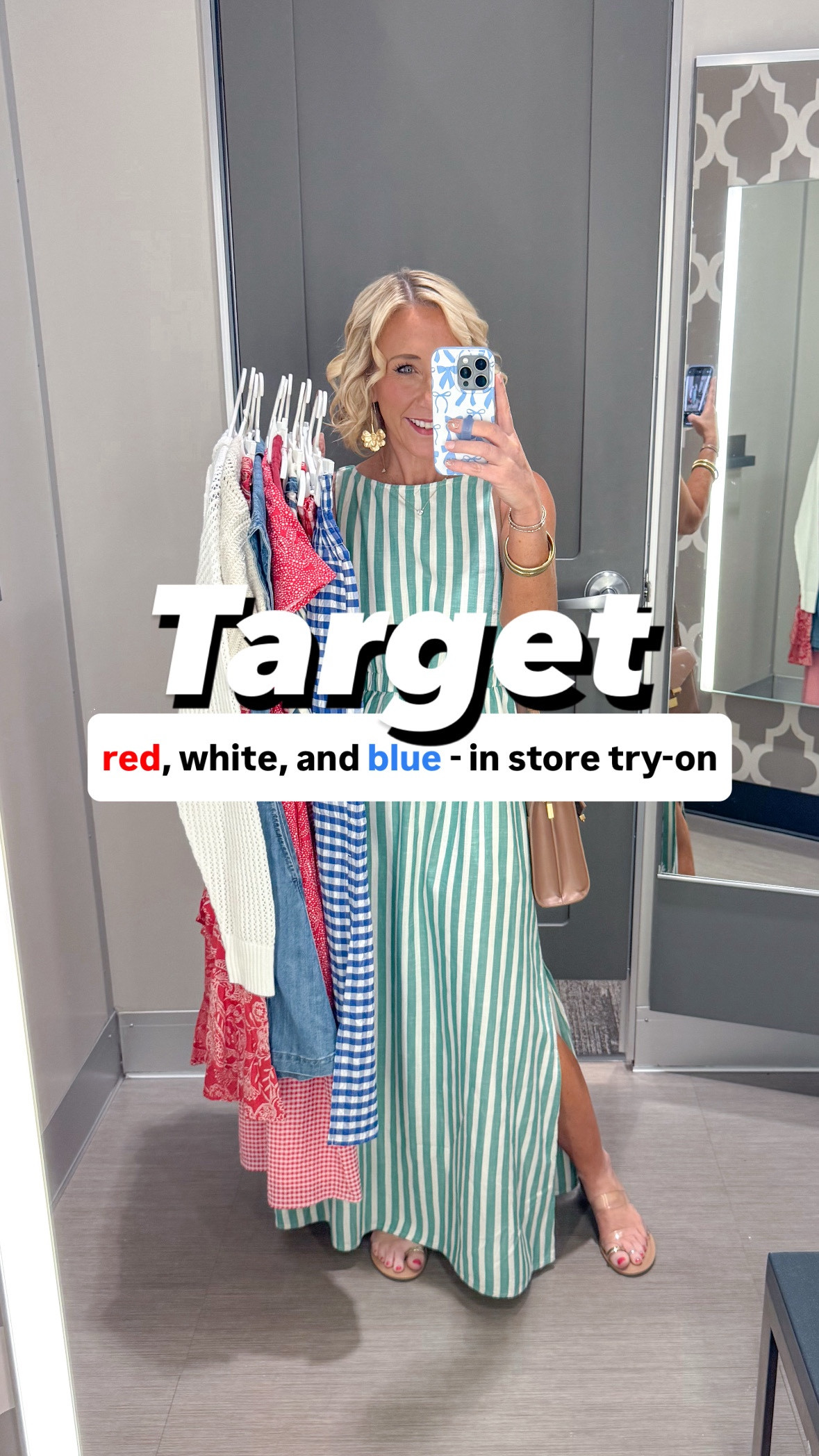 Target - red white & blue:
1. Red mini babydoll dress - size small. $28.
2. Red ribbed button-down vest - size XS. $15.
3. Blue gingham smocked skirt - size small. $25.
4. Red gingham milkmaid dress - size small. $35.
5. White scoop neck t-shirt - size small. $8.
6. Striped denim mini skirt - size 4. $20.
7. Flag open stitch hooded sweater - size medium. $30. 
8. Red trouser shorts - size 4. $25.
9. Red short sleeve button front dress - size small. $30.
10. Denim short sleeve dress - size small. $32.
11. Crewneck knit short sleeve sweater - size XS. 
12. Red ruffle maxi skirt - size XS. 
• green striped dress - size small. 
• sandals - tts  

#LTKSeasonal #LTKOver40 #LTKFindsUnder50