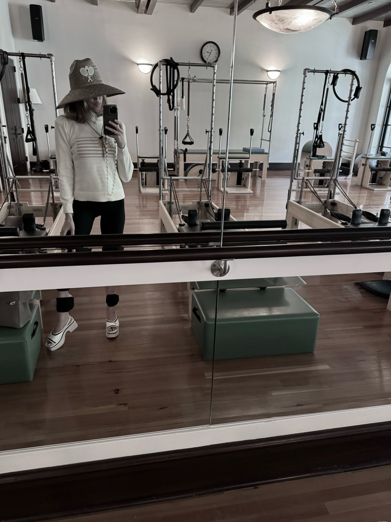 Workout to running around with the kids outfit! Veronica Beard hat, Lululemon pants, and Tuckernuck sweater!