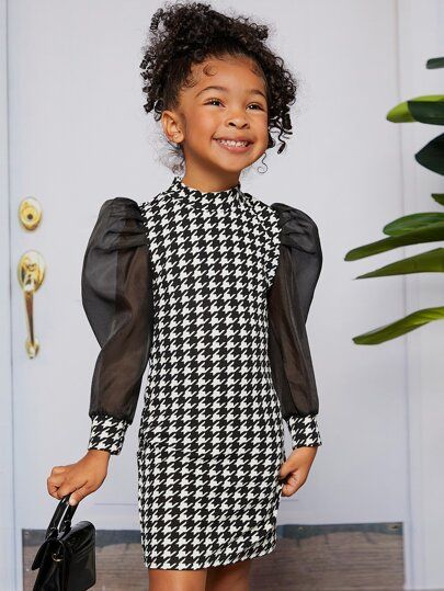 SHEIN Toddler Girls Houndstooth Puff Sleeve Mock Neck Fitted Dress SKU: sk2208127786407290(82 Rev... | SHEIN