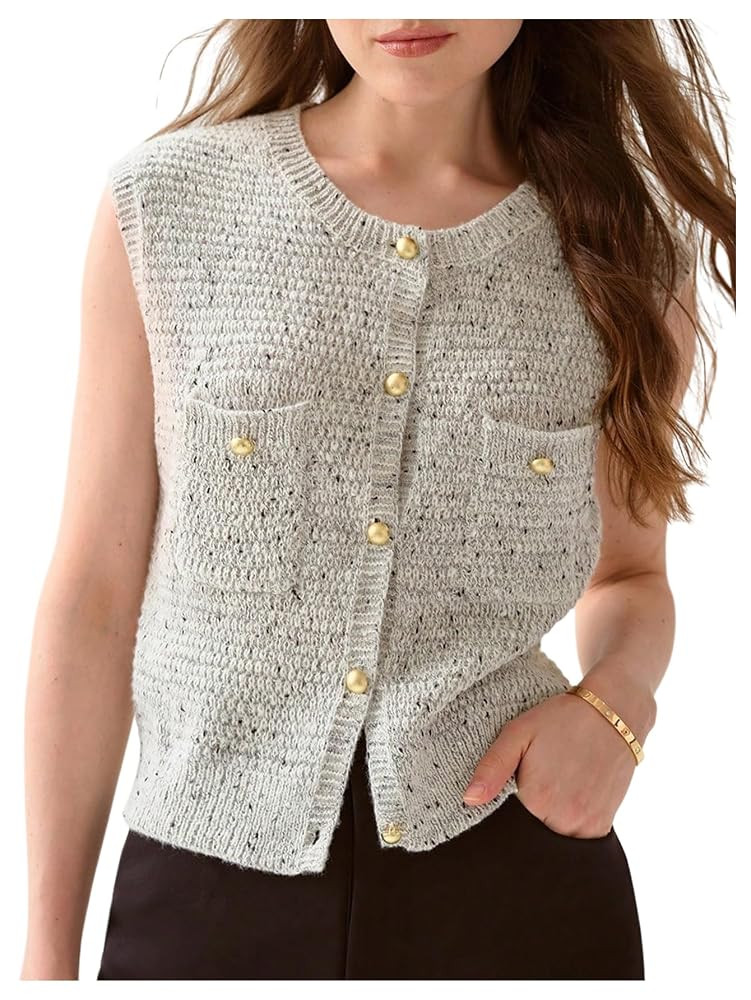 OYOANGLE Women's Button Up Sweater Vest Crew Neck Elegant Work Dressy Knit Vest Old Money Clothes | Amazon (US)