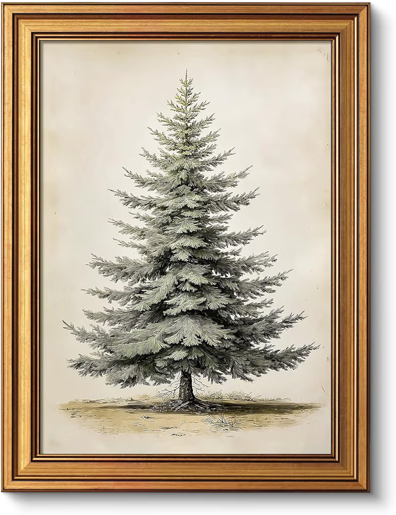 VIYYIEA Gold Framed Canvas Art, Vintage Christmas Tree Decor, 12x16Inch, Winter Retro Pine Pictur... | Amazon (US)
