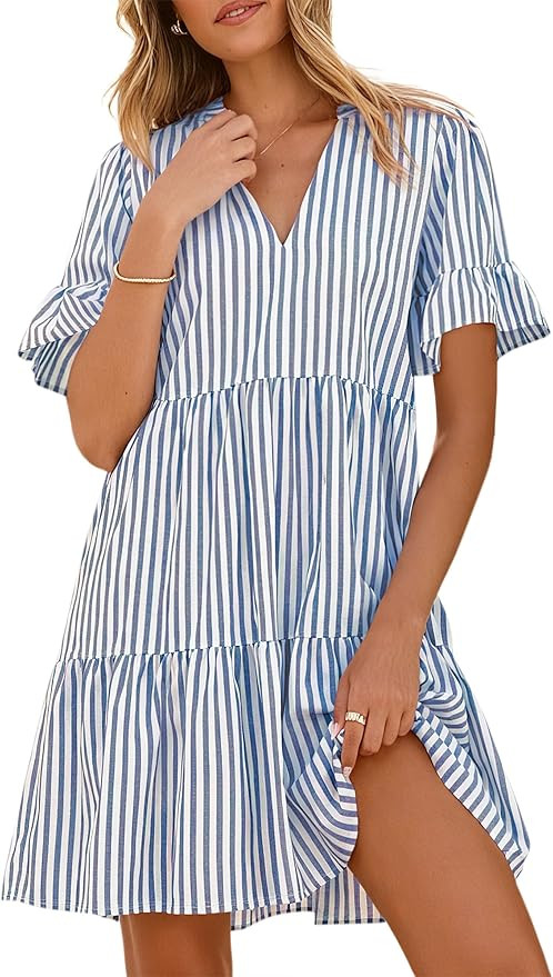 Caracilia Dresses for Women Summer 2026 Striped V Neck Ruffle Sleeve A Line Tiered Flowy Casual M... | Amazon (US)