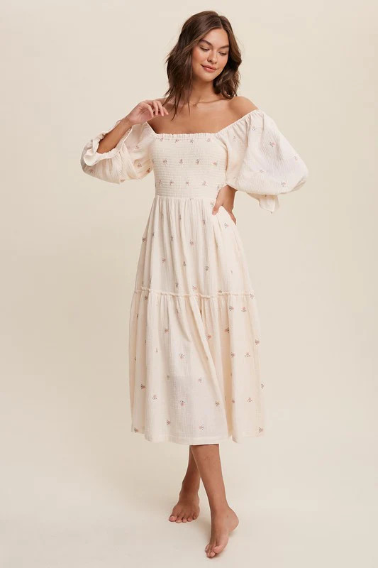 Listicle Ditzy Floral Embroidery Puff Sleeve Maxi | Cream / S | Casual Chic Boutique