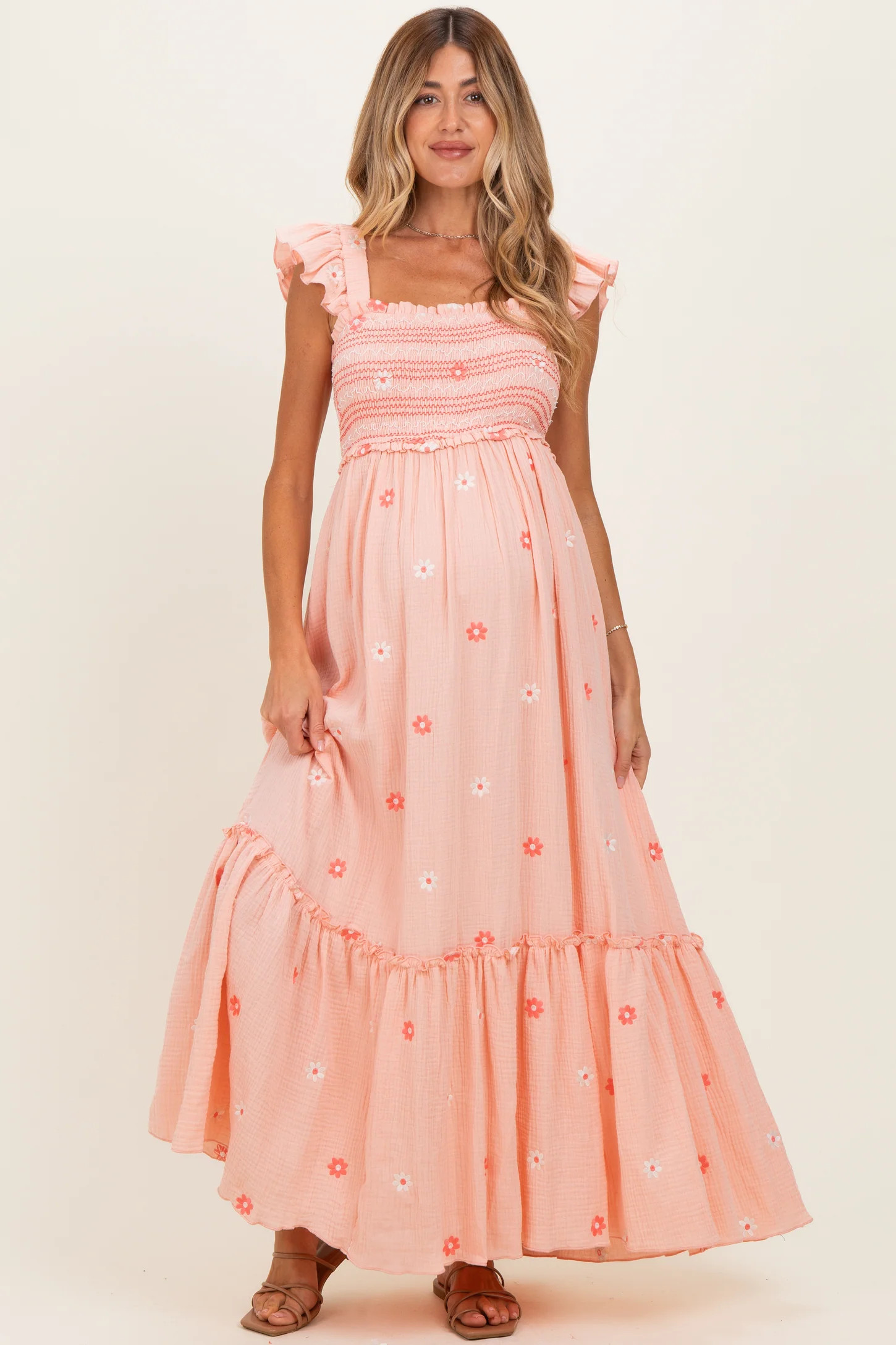 Peach Floral Embroidered Smocked Maternity Maxi Dress | PinkBlush Maternity