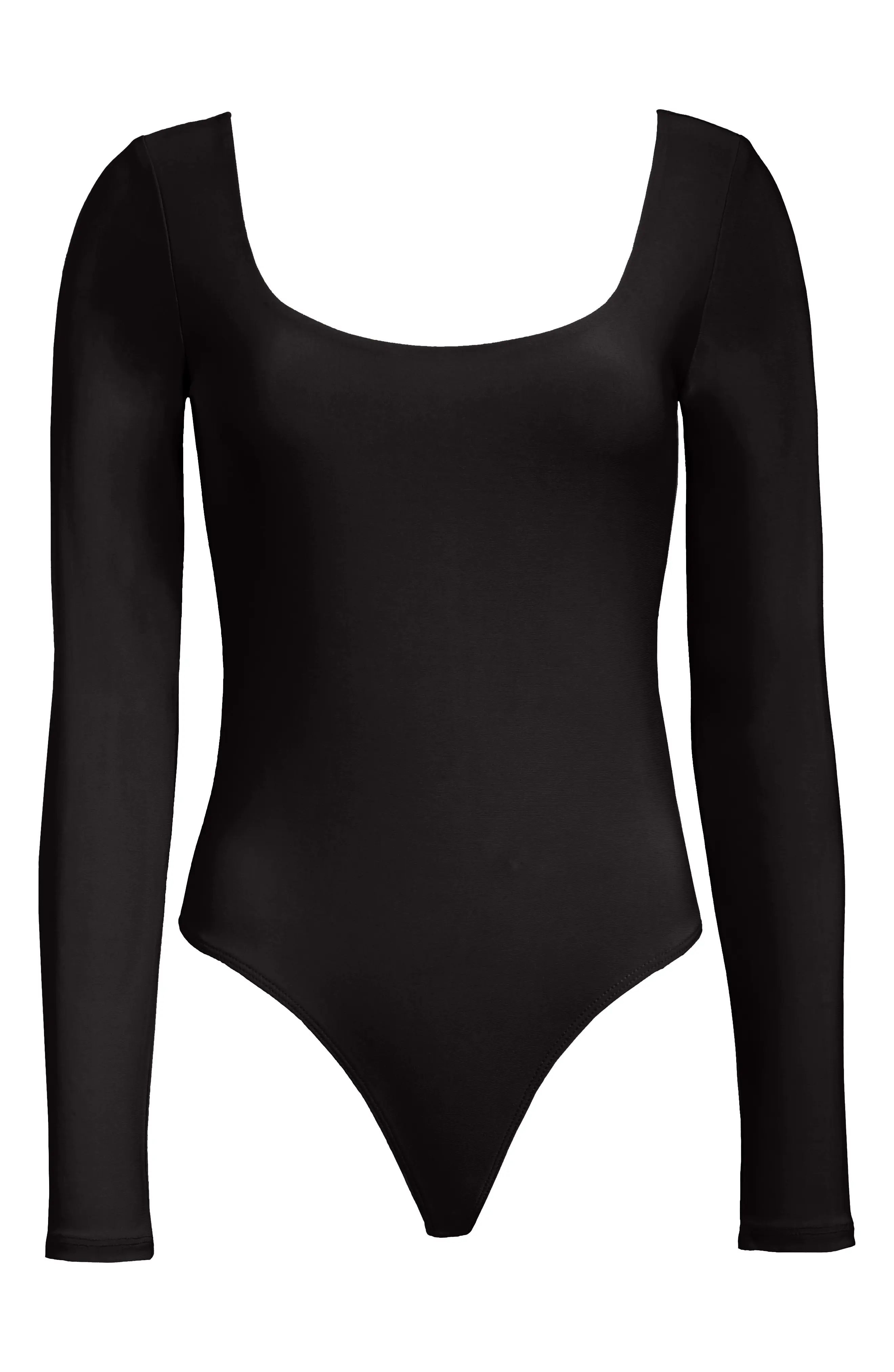 Women's Leith Double Scoop Long Sleeve Thong Bodysuit, Size Large - Black | Nordstrom