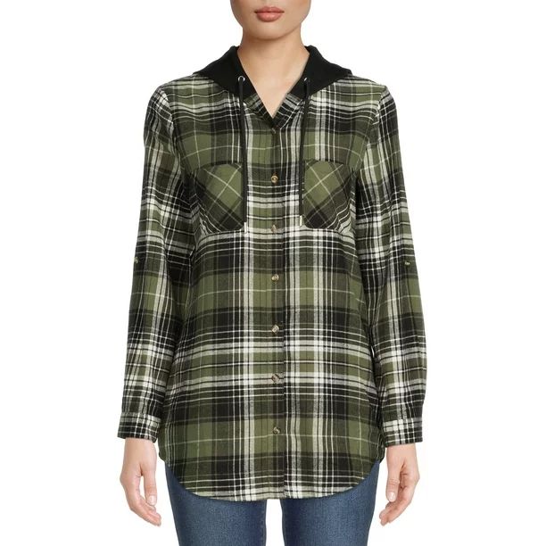 No Boundaries Juniors' Hooded Plaid Flannel Shirt - Walmart.com | Walmart (US)
