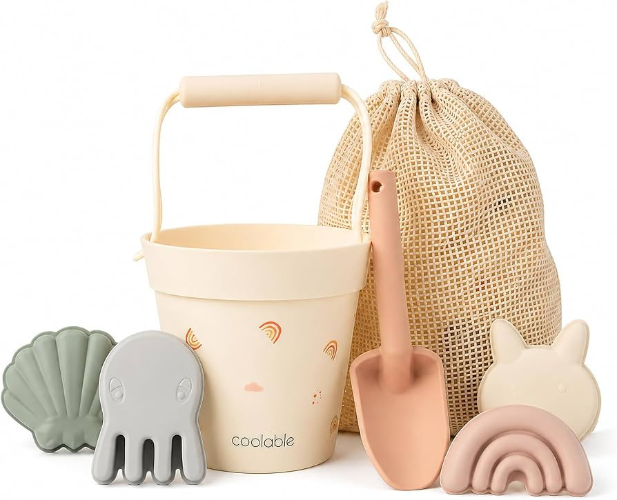 6-Piece Silicone Beach Toys Set for Kids - Foldable Sand Bucket, Shovel, 4 Sand Molds and Mesh Ba... | Amazon (UK)