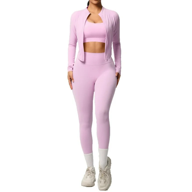 DHFJKG 3 Piece Workout Sets For Women Yoga Sports Bra High Waisted Leggings Athletic Jacket Casua... | Walmart (US)