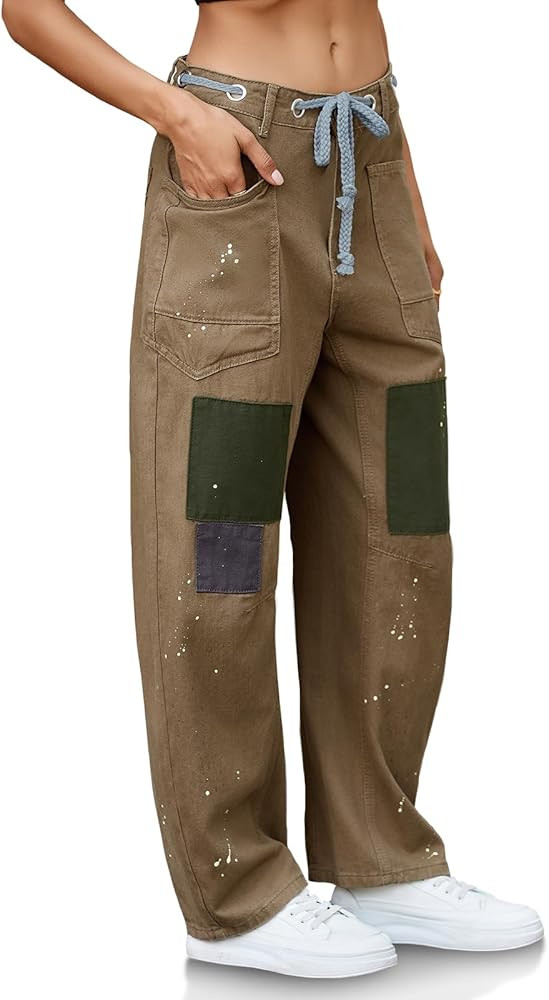 PLNOTME Womens Baggy Barrel Horseshoe Jeans Wide Leg Patchwork Low Rise Denim Pants with Pockets | Amazon (US)