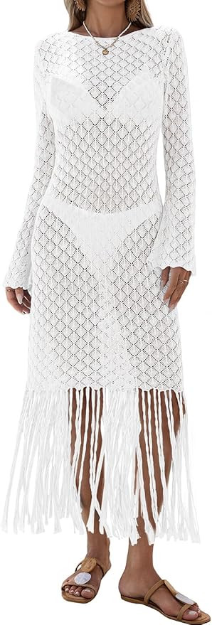 Fisoew Women's Swimsuit Crochet Cover Ups Summer Long Sleeve Tie Back Fringe Hem Beach Vacation C... | Amazon (US)