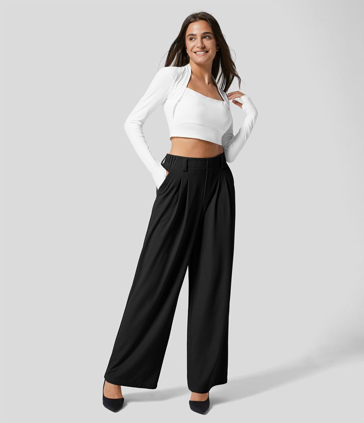 High Waisted Plicated Side Pocket Wide Leg Waffle Casual Pants | HALARA