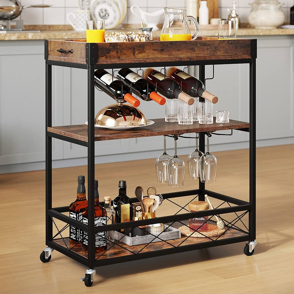 YITAHOME Industrial Bar Carts for The Home, Mobile Serving Cart on Wheels with Removable Wood Top... | Amazon (US)