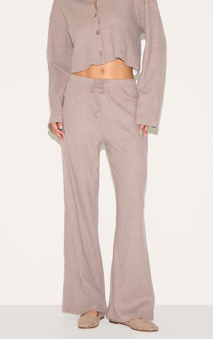 Mushroom Brushed Rib Drawstring Wide Leg Trousers | PrettyLittleThing UK