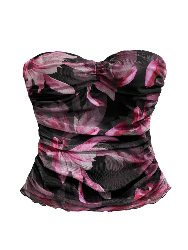 WDIRARA Women's Floral Mesh Strapless Ruched Tube Top Sleeveless Bandeau Crop Tops | Amazon (US)