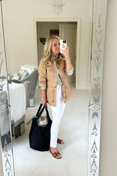 Love this reversible jacket from Veronica Beard. This khaki safari jacket is convertible and the bottom zipped off to make it a cropped jacket. Great for travel! 
Love the sage and white seersucker top. I think I need it and blue and white stripe too!
Best white denim from Veronica Beard 
Best travel tote 

#LTKFind #LTKstyletip #LTKtravel