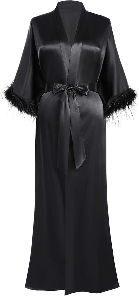 PRODESIGN Satin Kimono Robe Long Silky Bath Robe with Ostrich Feather Trim Sleepwear Wedding Brid... | Amazon (US)