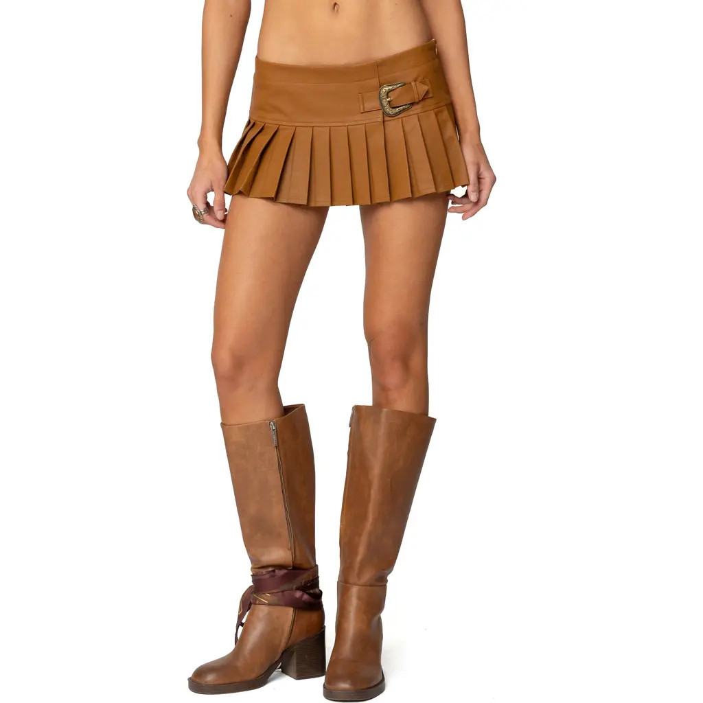 EDIKTED Pleated Faux Leather Mini Skort in Brown at Nordstrom, Size Small | Nordstrom