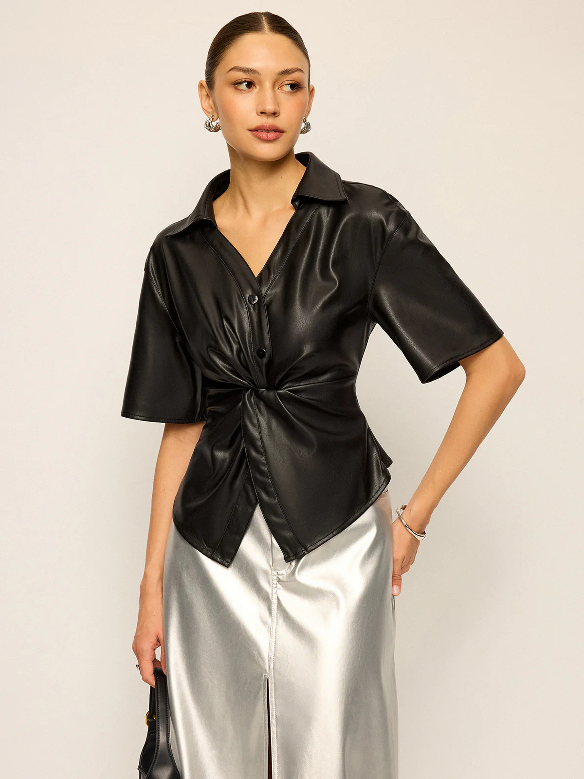 PU Leather Short Sleeve Twisted Blouse | Commense