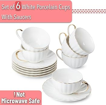 BTaT- Tea Cups and Saucers, Set of 6 (7 oz) with Gold Trim and Gift Box, Cappuccino Cups, Coffee ... | Amazon (US)