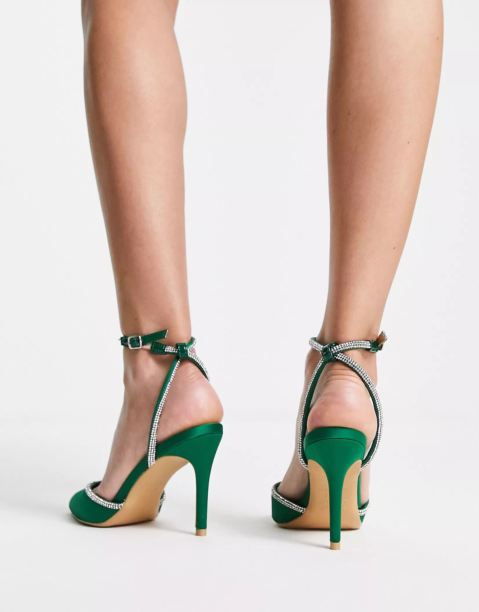 New Look satin and diamante mid heel shoes with ankle strap detail in bright green | ASOS (Global)