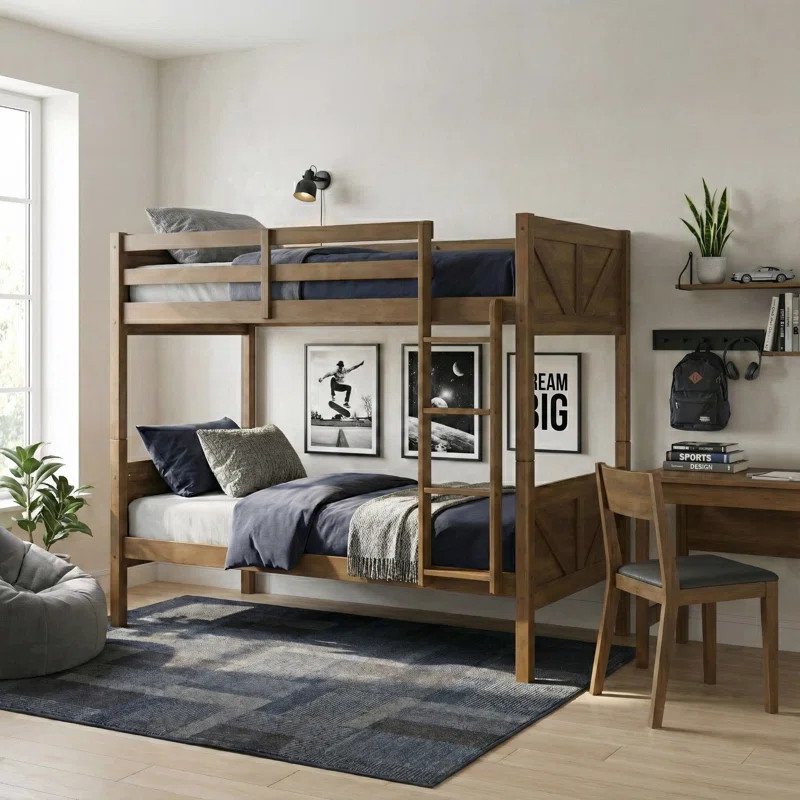 Appolon Twin Over Twin Solid Wood Farmhouse Bunk Bed with Barn-Style Panel Headboards | Wayfair North America